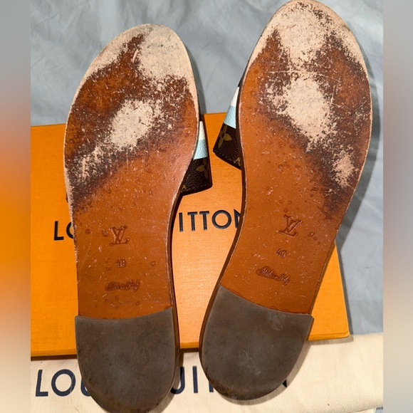 Louis Vuitton Lock It Monogram Mules Slides Sandals Blue Brown size 40 Authentic - Picture 5 of 7